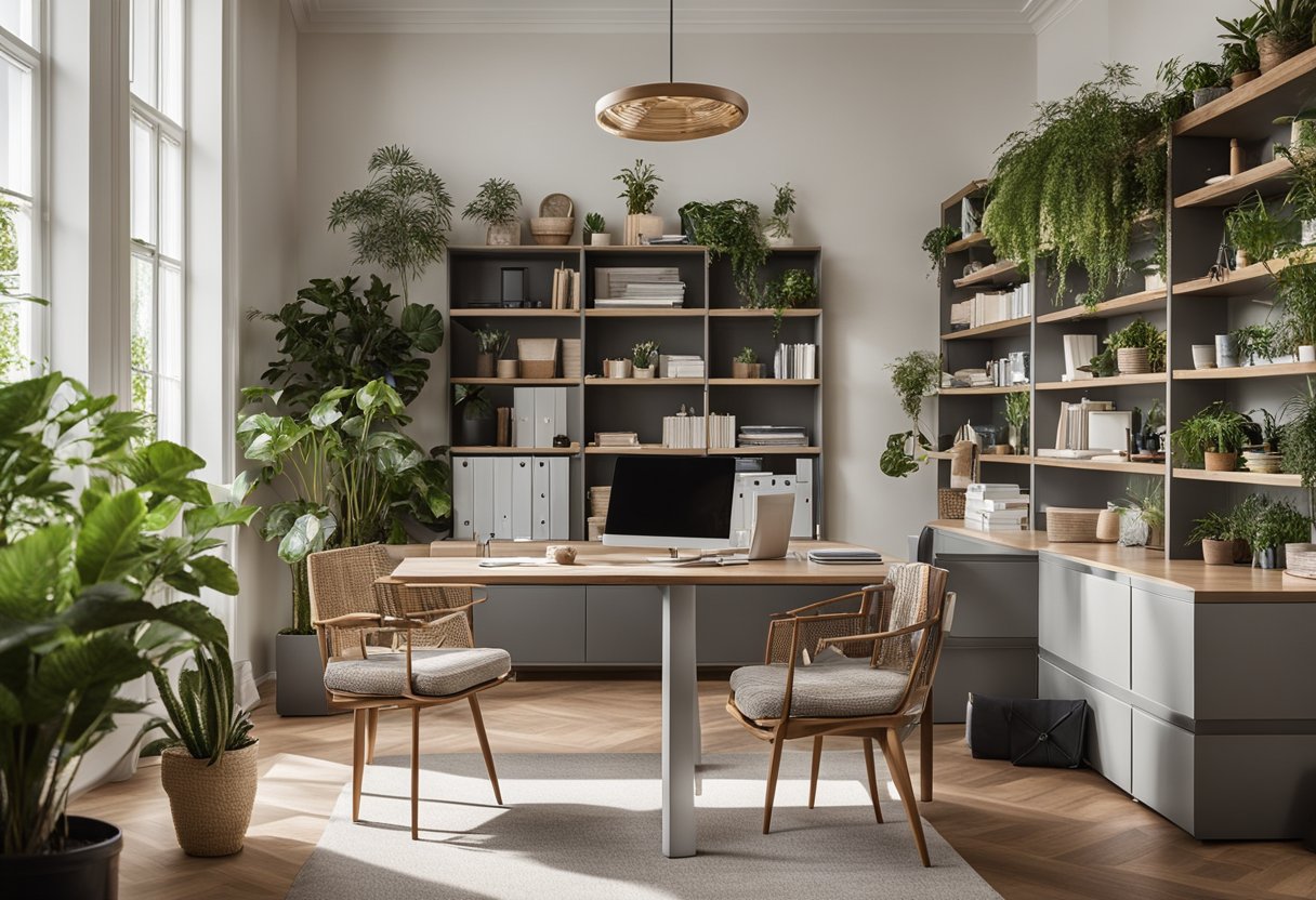 A spacious home office with two desks, ergonomic chairs, ample natural light, and a bookshelf. The room is decorated with plants, artwork, and a neutral color scheme