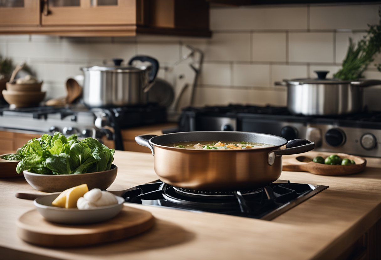 A cozy kitchen with earthy tones, natural light, and rustic elements. A pot of soup simmers on the stove, while fresh produce sits on the counter