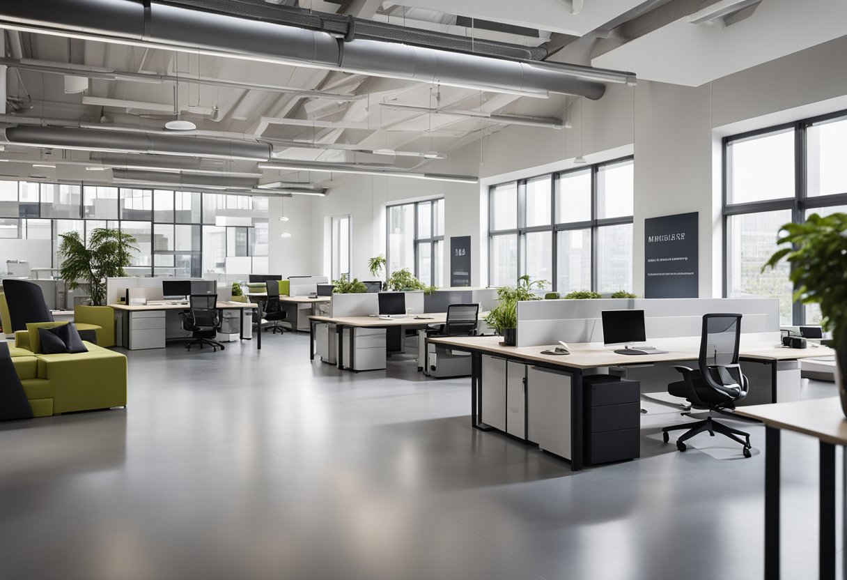 A modern, open-plan office with ergonomic furniture, natural lighting, and designated collaboration areas. High-tech equipment and minimalistic decor contribute to a clean and efficient workspace