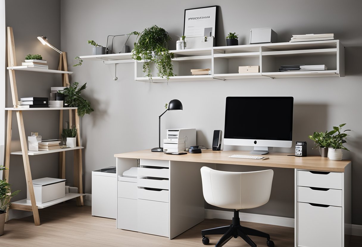 A small office with modern, minimalist furniture from Ikea. Clean lines, neutral colors, and efficient storage solutions create a functional and stylish workspace