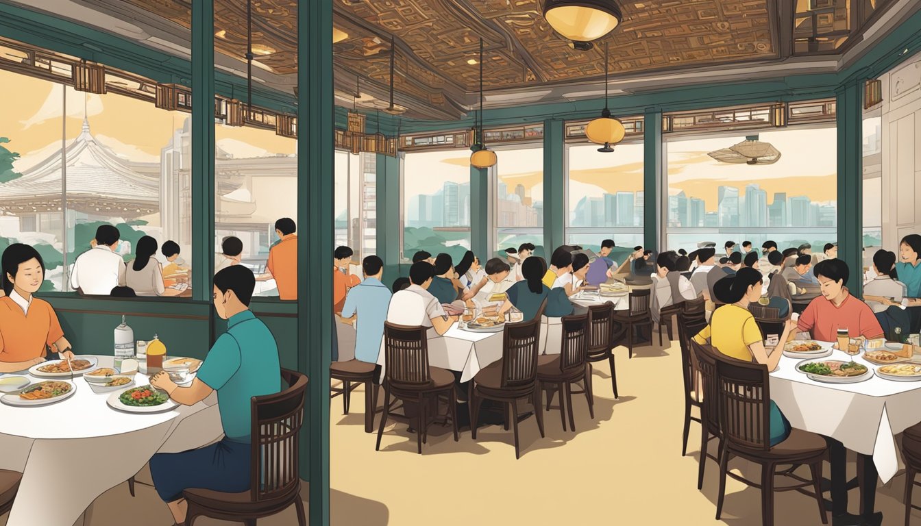 A bustling Korean restaurant with traditional decor and diners enjoying their meals at Raffles City