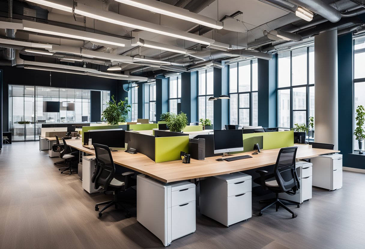 The open office layout features modern furniture, natural light, and vibrant colors, creating a welcoming and collaborative atmosphere for small tech teams