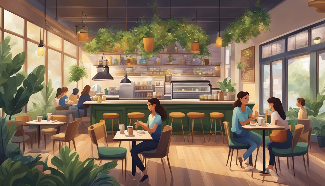 The bustling café is filled with the aroma of freshly brewed coffee. Patrons chat and enjoy their meals in the cozy, modern space adorned with vibrant artwork and lush greenery