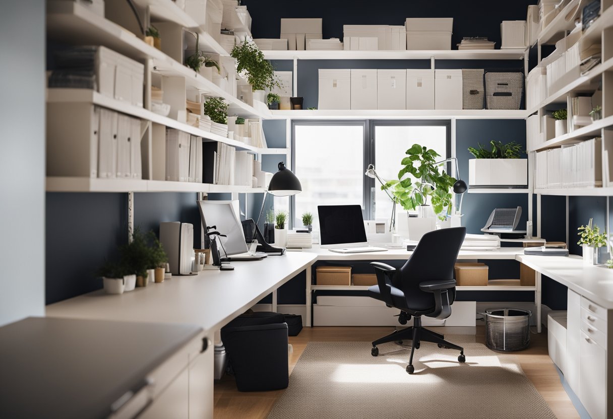 A bright, organized small office with a sleek desk, ergonomic chair, and efficient storage solutions from Ikea