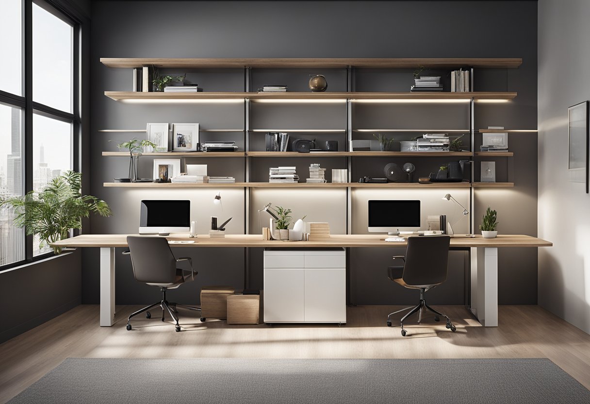 Two desks face each other, separated by a sleek divider. Each desk has its own set of shelves and storage compartments. Natural light floods the room through large windows, illuminating the modern, minimalist decor