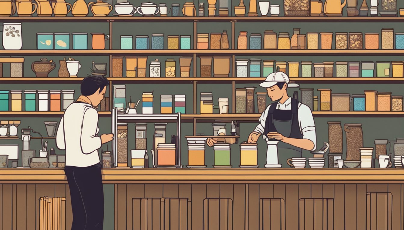 Customers sipping coffee, surrounded by shelves of colorful tea canisters and aromatic spices, while a barista expertly crafts a latte art masterpiece