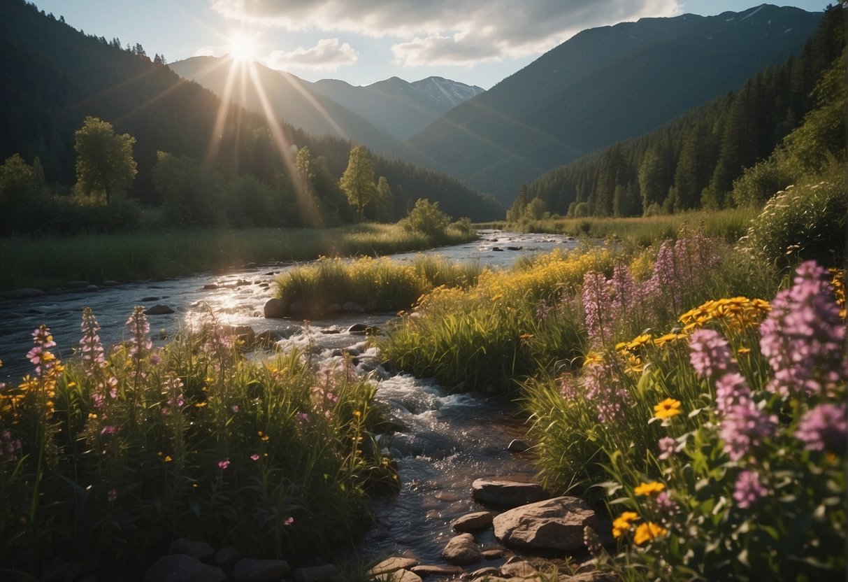 Affirmations For Happiness: A serene landscape with sun rays breaking through clouds, a peaceful river flowing, and colorful flowers blooming