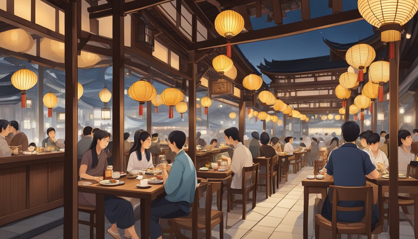 A bustling Japanese restaurant at Chijmes, with traditional lanterns and wooden decor, surrounded by diners enjoying their meals