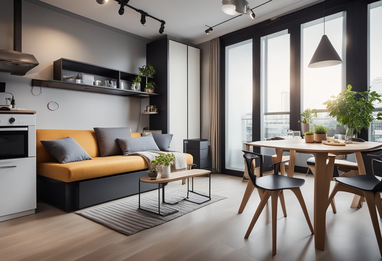 A small studio apartment with a convertible sofa bed, foldable dining table, and wall-mounted storage units. Efficient use of space with smart furniture choices