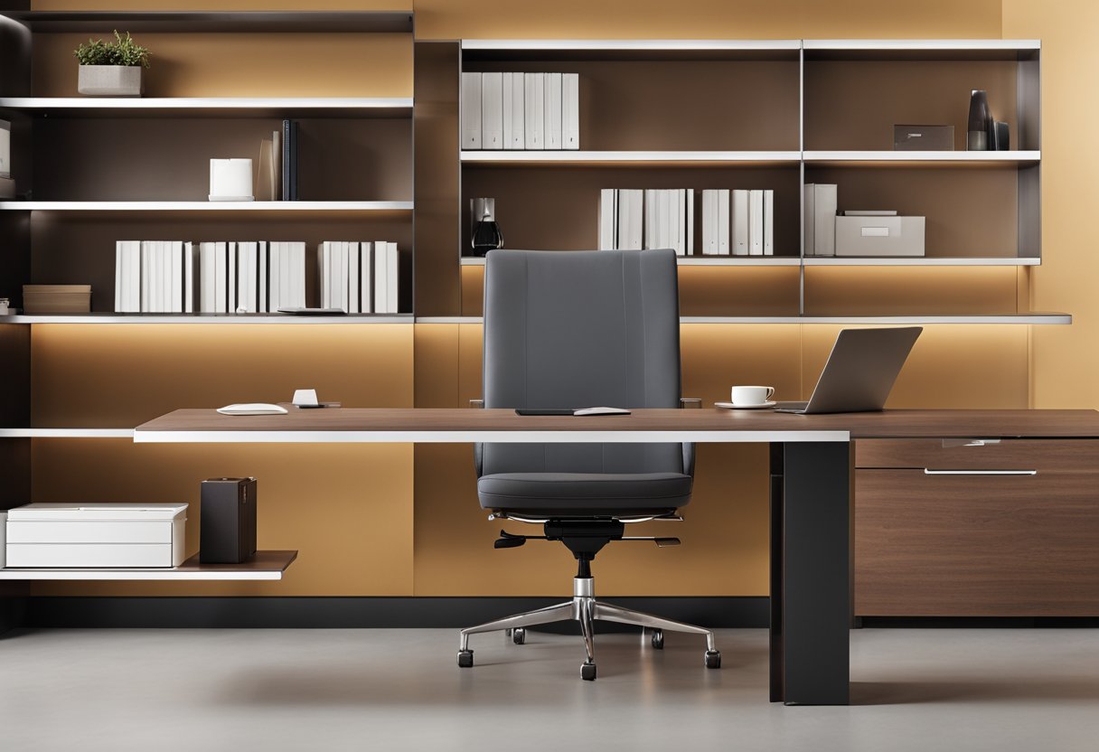 An L-shaped office table with modern design, clean lines, and minimalist aesthetic. The table is made of sleek, polished wood with metal accents