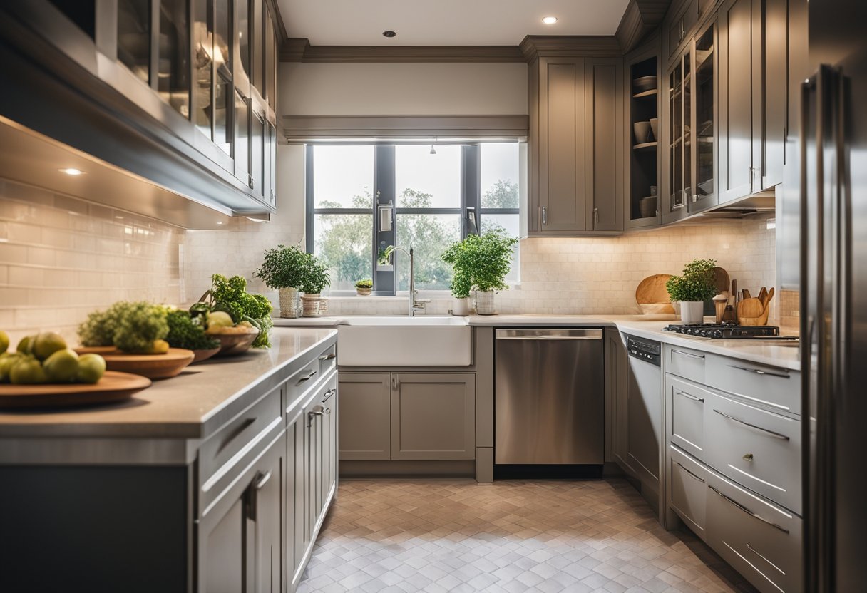 A cozy kitchen with wooden cabinets, marble countertops, and stainless steel appliances. Warm light filters through sheer curtains, casting soft shadows on the textured tile floor