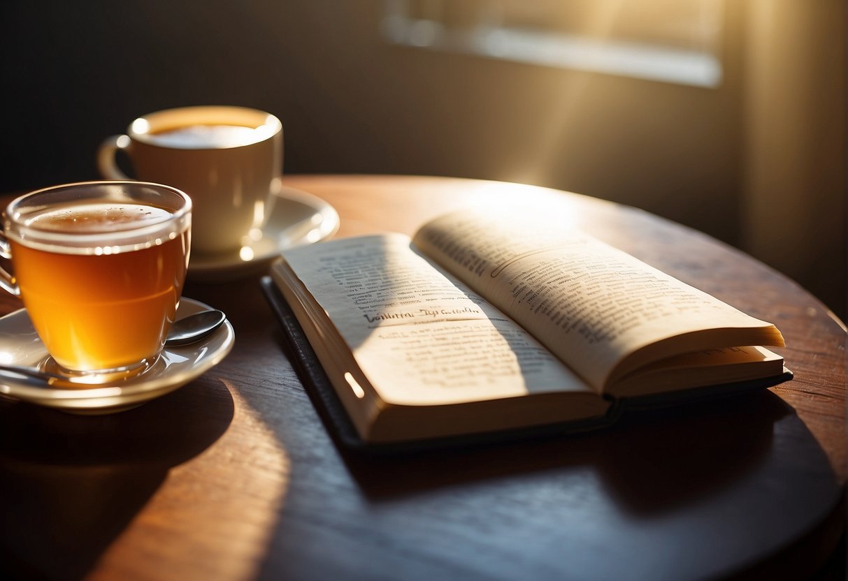 Affirmations For Happiness: A cozy room with a journal, pen, and a warm cup of tea on a table. Sunlight streams in, casting a soft glow on the affirmations written on colorful sticky notes