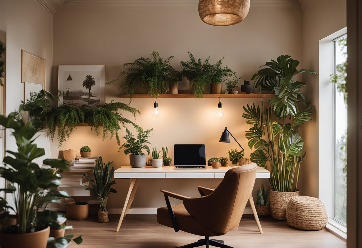 A cozy home office with warm lighting, earthy tones, and comfortable seating for two. Plants and artwork add a touch of nature and creativity to the space