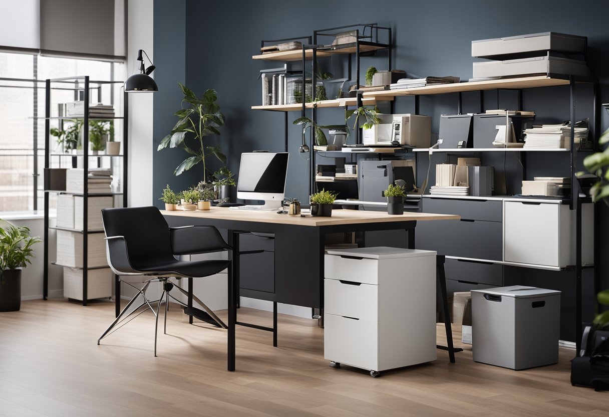 A small office with integrated Ikea furniture, organized and functional, with a desk, shelves, and storage solutions