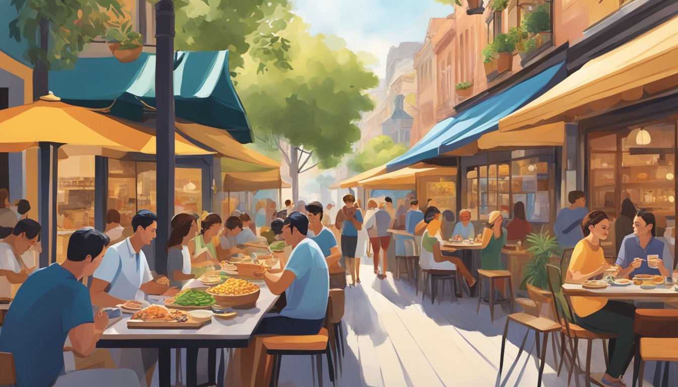 Diners savoring diverse cuisines at outdoor cafes, while others browse through bustling food markets, surrounded by colorful storefronts and tantalizing aromas