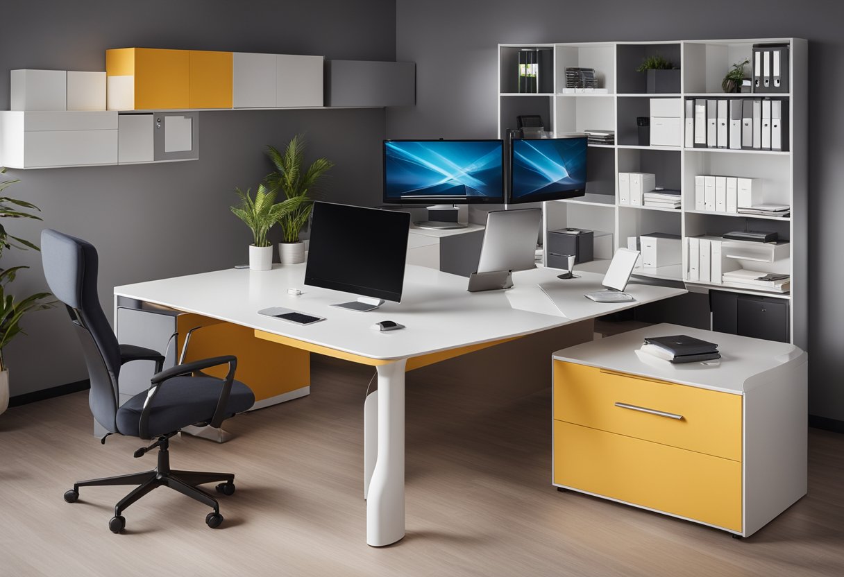 A modern L-shaped office table with sleek, minimalist design, featuring a spacious work surface, integrated storage compartments, and a contemporary color scheme