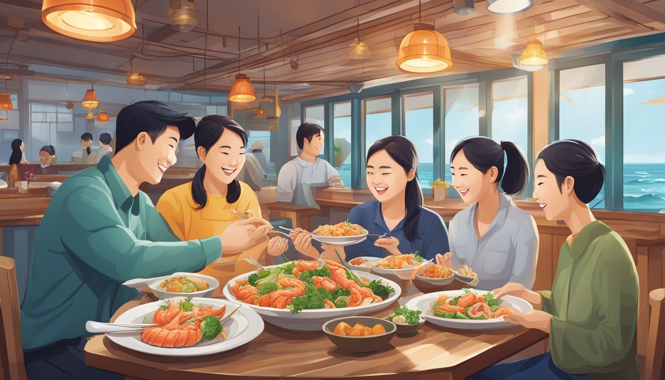 Customers enjoy fresh seafood dishes at Joyden Seafood Restaurant. The vibrant atmosphere is filled with laughter and the aroma of delicious food