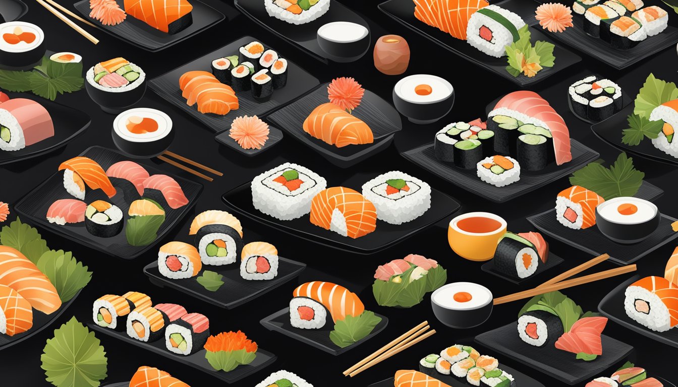 A spread of colorful sushi rolls and sashimi on a sleek black serving platter, surrounded by elegant chopsticks and delicate ceramic dishes, set against a backdrop of traditional Japanese decor