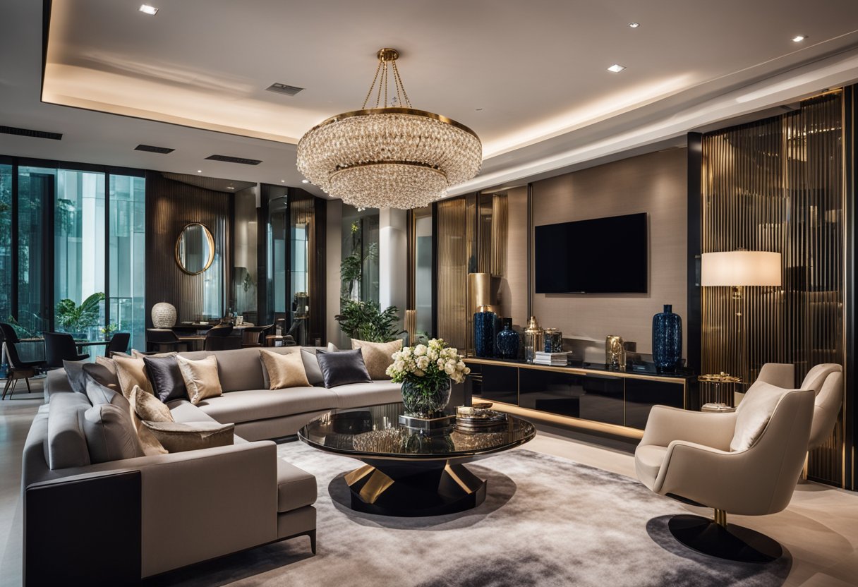 A luxurious living room with modern couture furniture in Singapore. Rich textures, elegant lines, and sophisticated design elements create a stylish and opulent ambiance