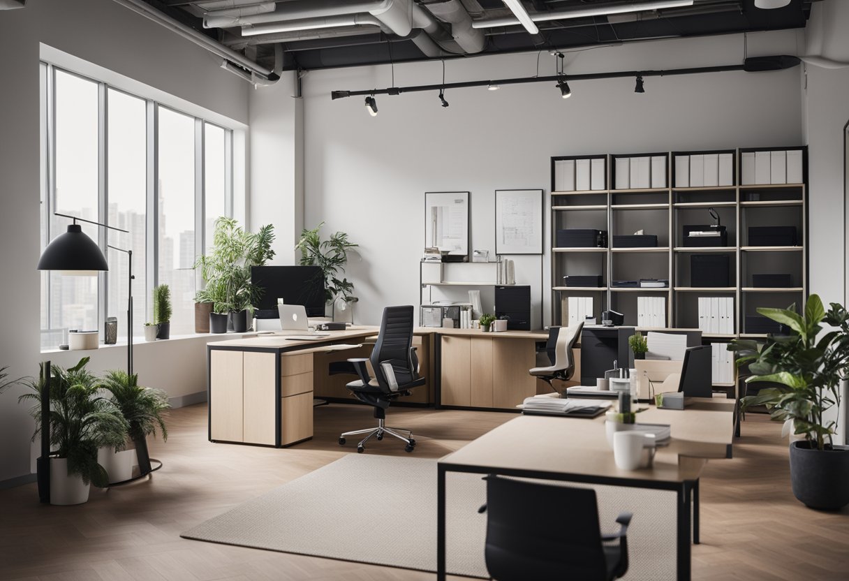 A modern, organized small office space with sleek furniture, efficient storage solutions, and a clean, minimalist design