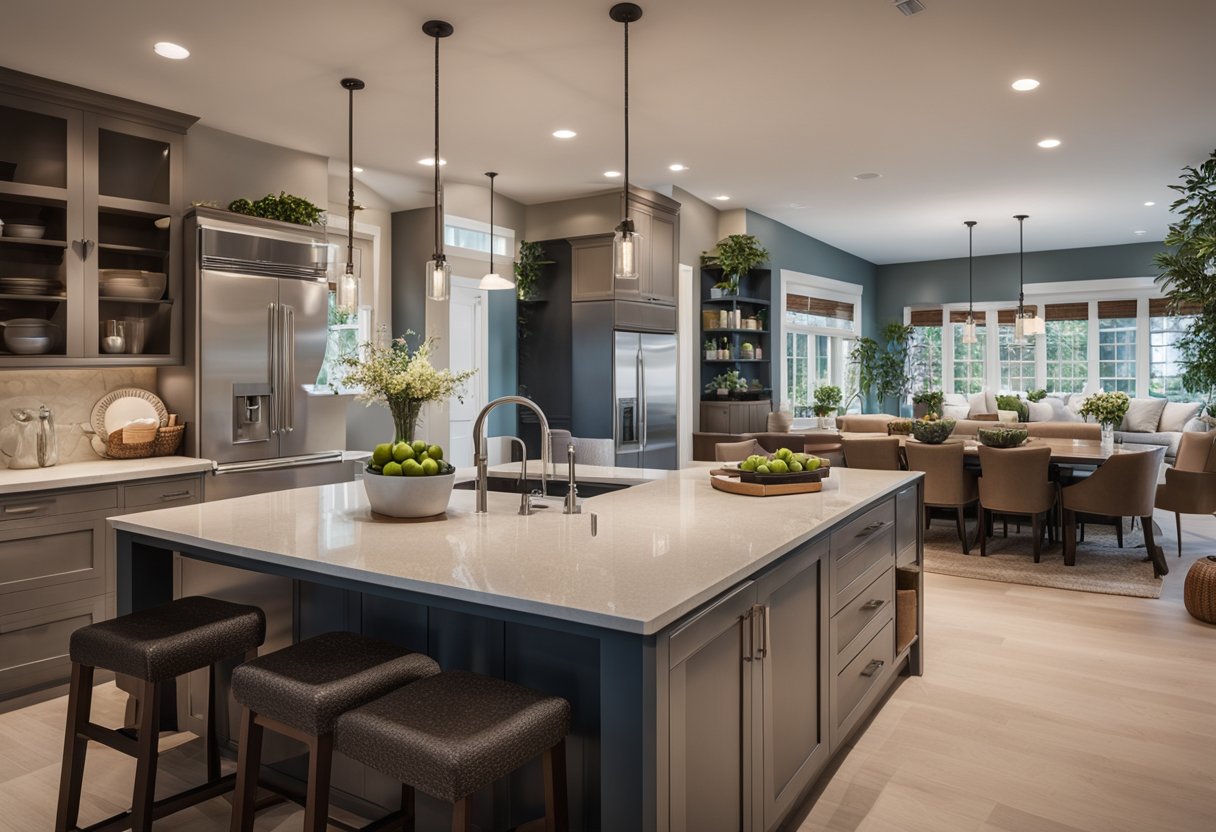 A cozy kitchen with inviting colors, abundant natural light, and modern appliances. A central island and comfortable seating create a welcoming atmosphere
