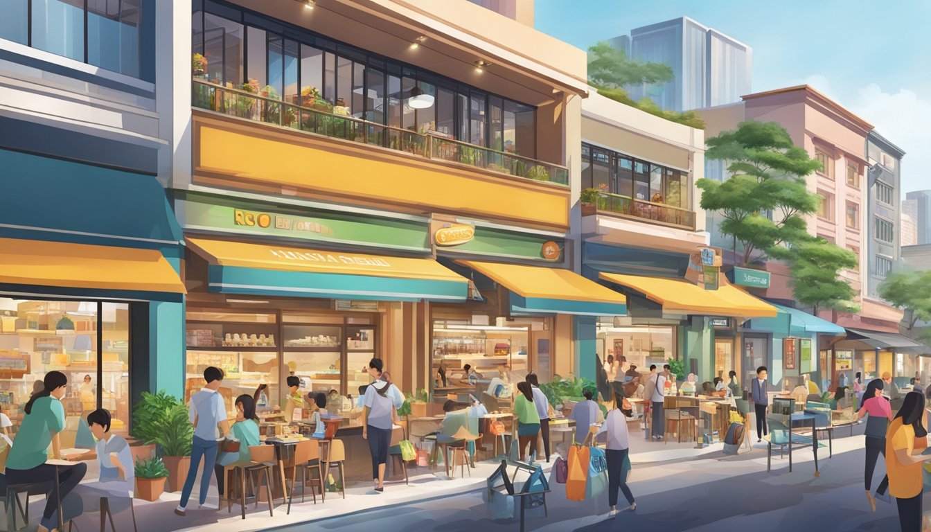 The bustling Novena's Food and Shopping Nexus features a variety of restaurants and shops, with colorful signage and bustling activity