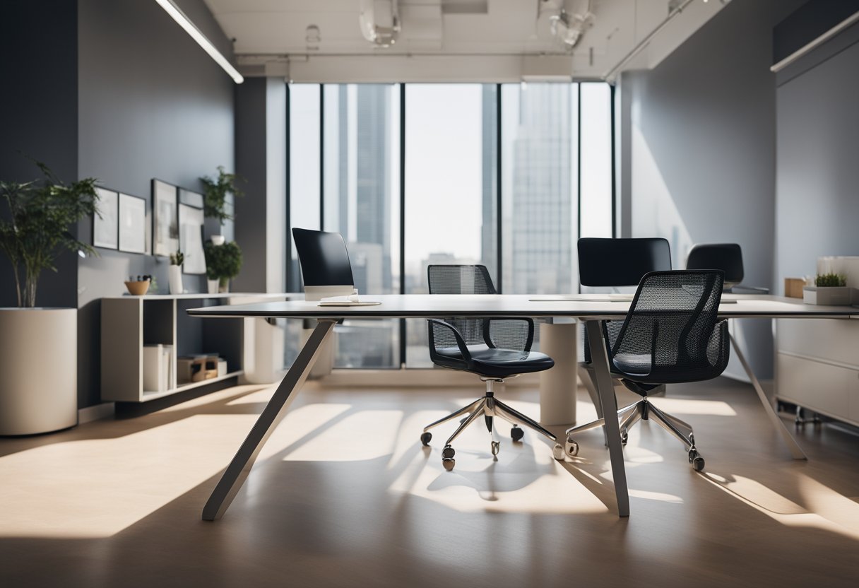 A modern, L-shaped office table with clean lines and sleek design, positioned in a well-lit workspace with a minimalist aesthetic