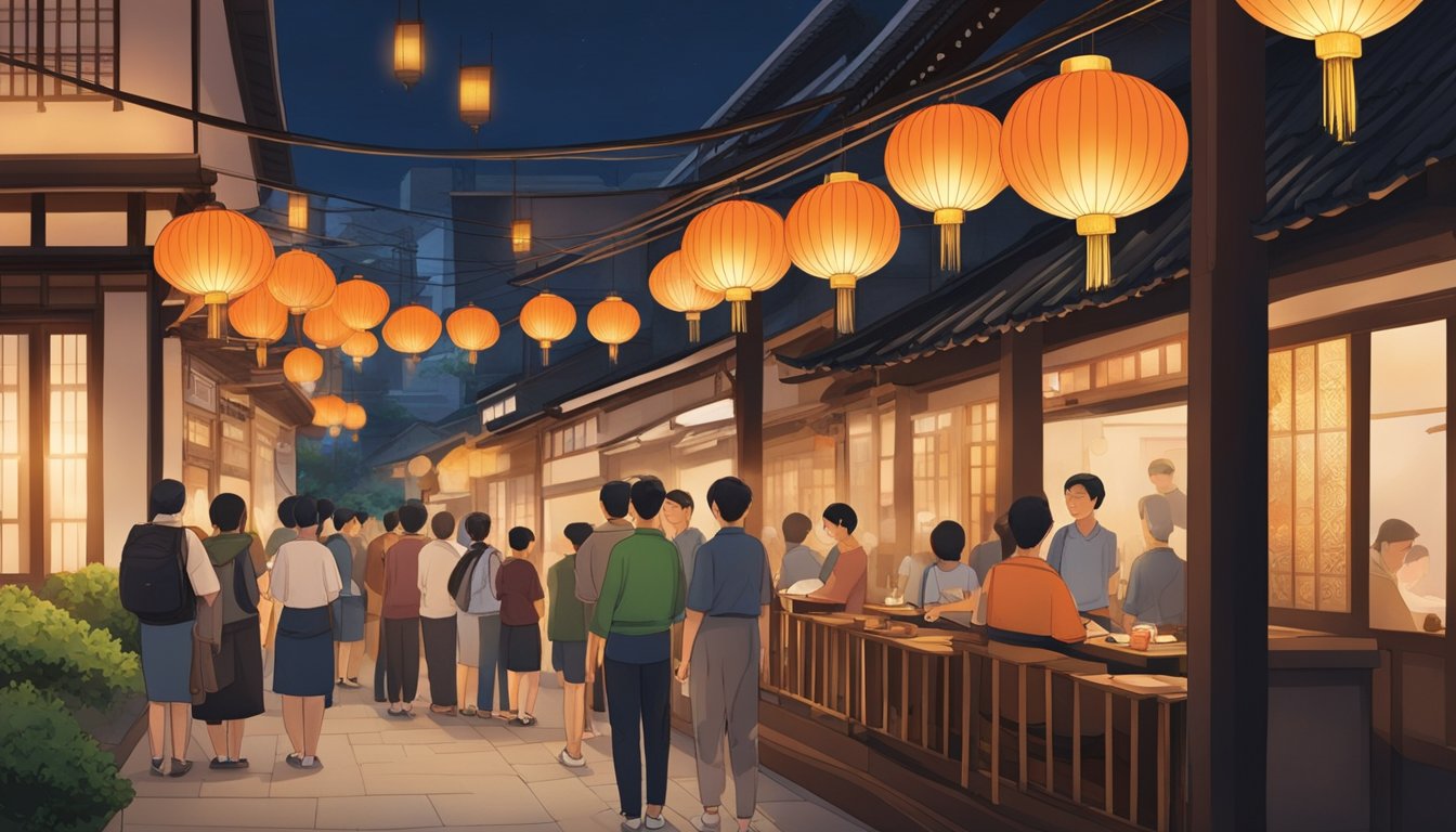 Customers line up outside a traditional Japanese restaurant at Chijmes, eagerly waiting to enter. The warm glow of lanterns and the aroma of sizzling food fill the air