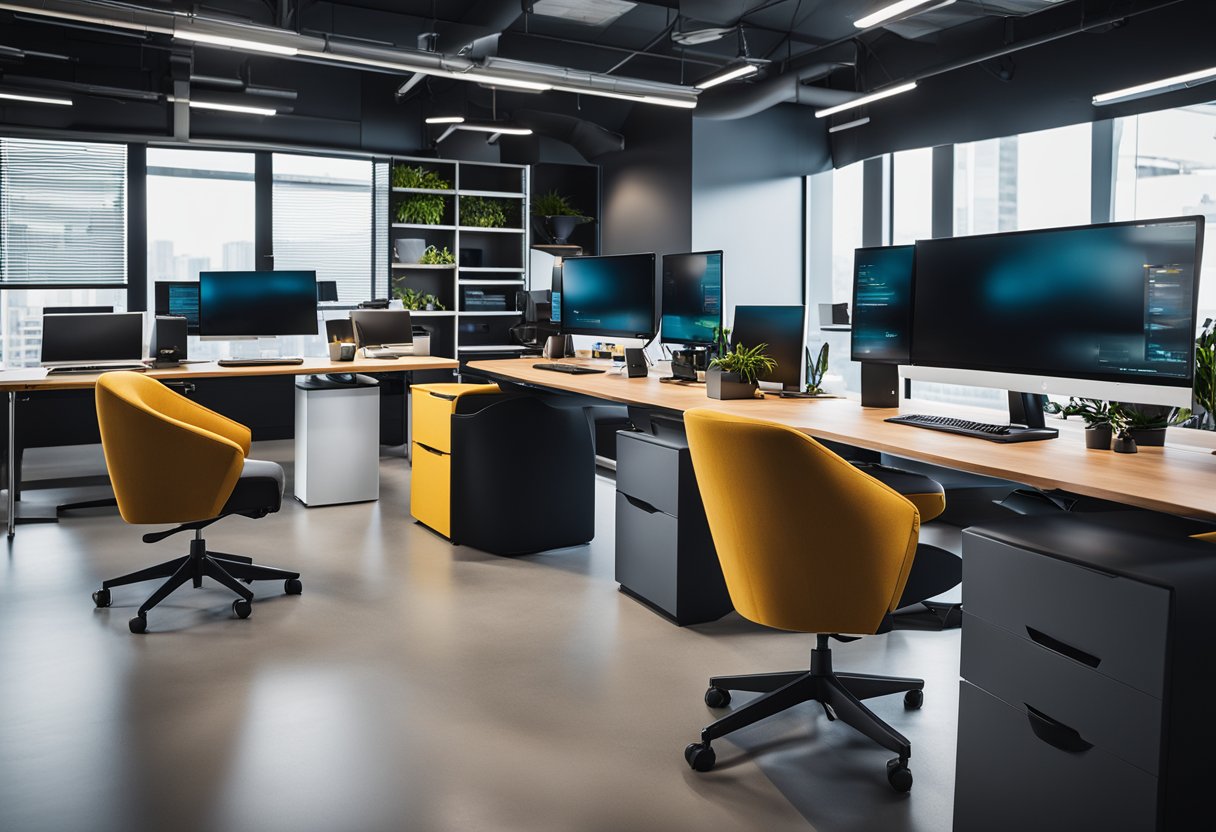 A modern, open-concept tech office with sleek furniture, vibrant accent colors, and collaborative workspaces. Multiple monitors, standing desks, and a cozy lounge area create a dynamic and comfortable environment