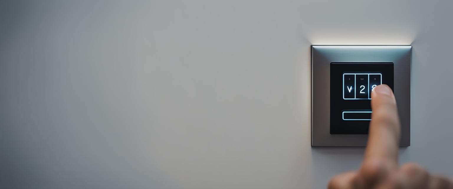 A hand reaching out to press a sleek, modern touch switch on a wall. The switch is illuminated, and the surrounding area is clean and minimalist