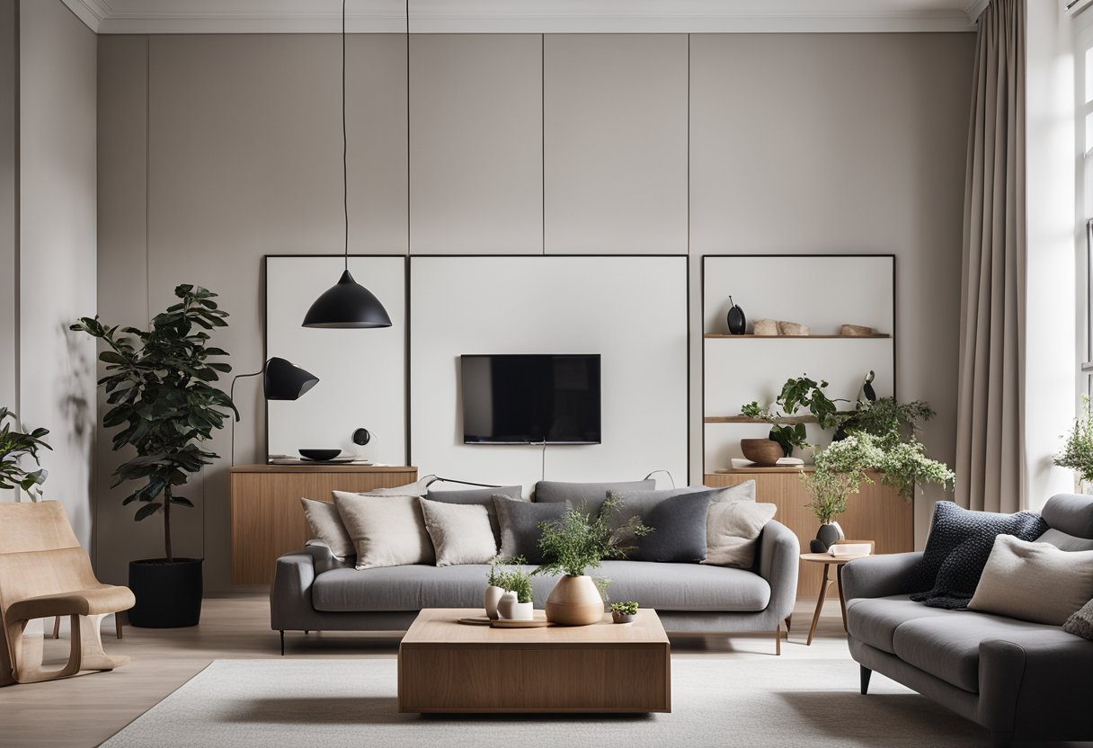 A cozy living room with minimalist, space-saving furniture and smart storage solutions. Clean lines, neutral colors, and multifunctional pieces create a modern, stylish look for compact living
