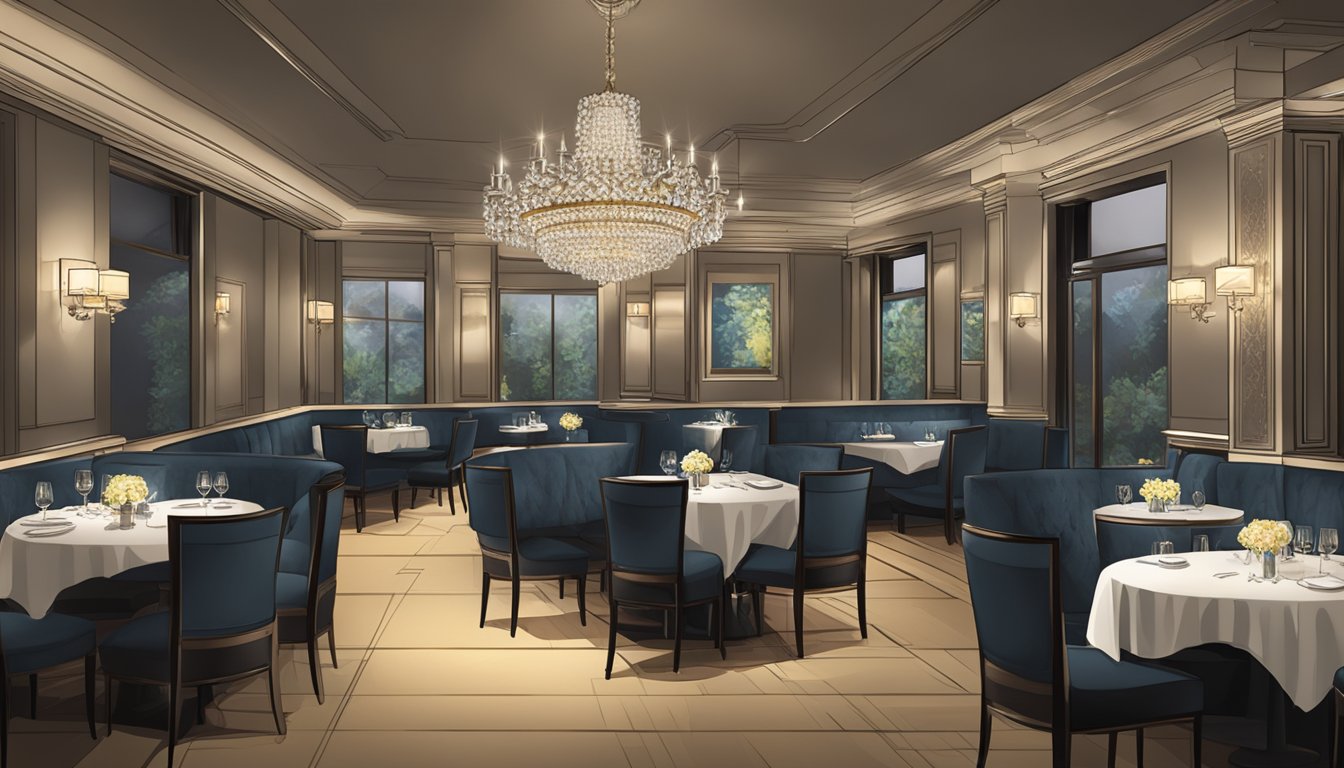 The elegant Poise restaurant features dim lighting, plush seating, and a striking chandelier as the focal point of the room