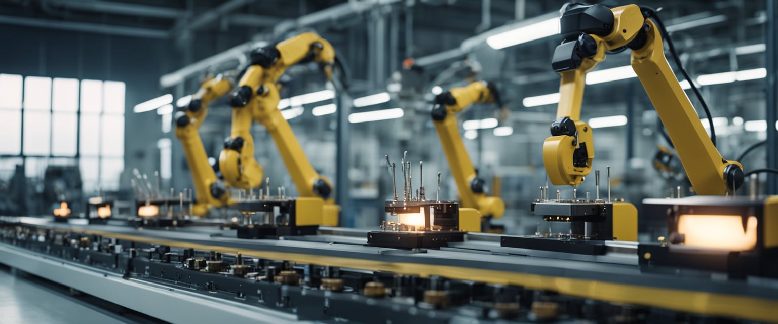 Robotic arms assemble touch switches on a conveyor belt in a brightly lit factory. Sparks fly as soldering machines connect components