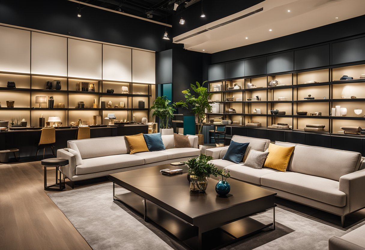 A spacious showroom filled with modern and stylish furniture from Tong Meng, located in Singapore. Bright lighting highlights the sleek designs and vibrant colors