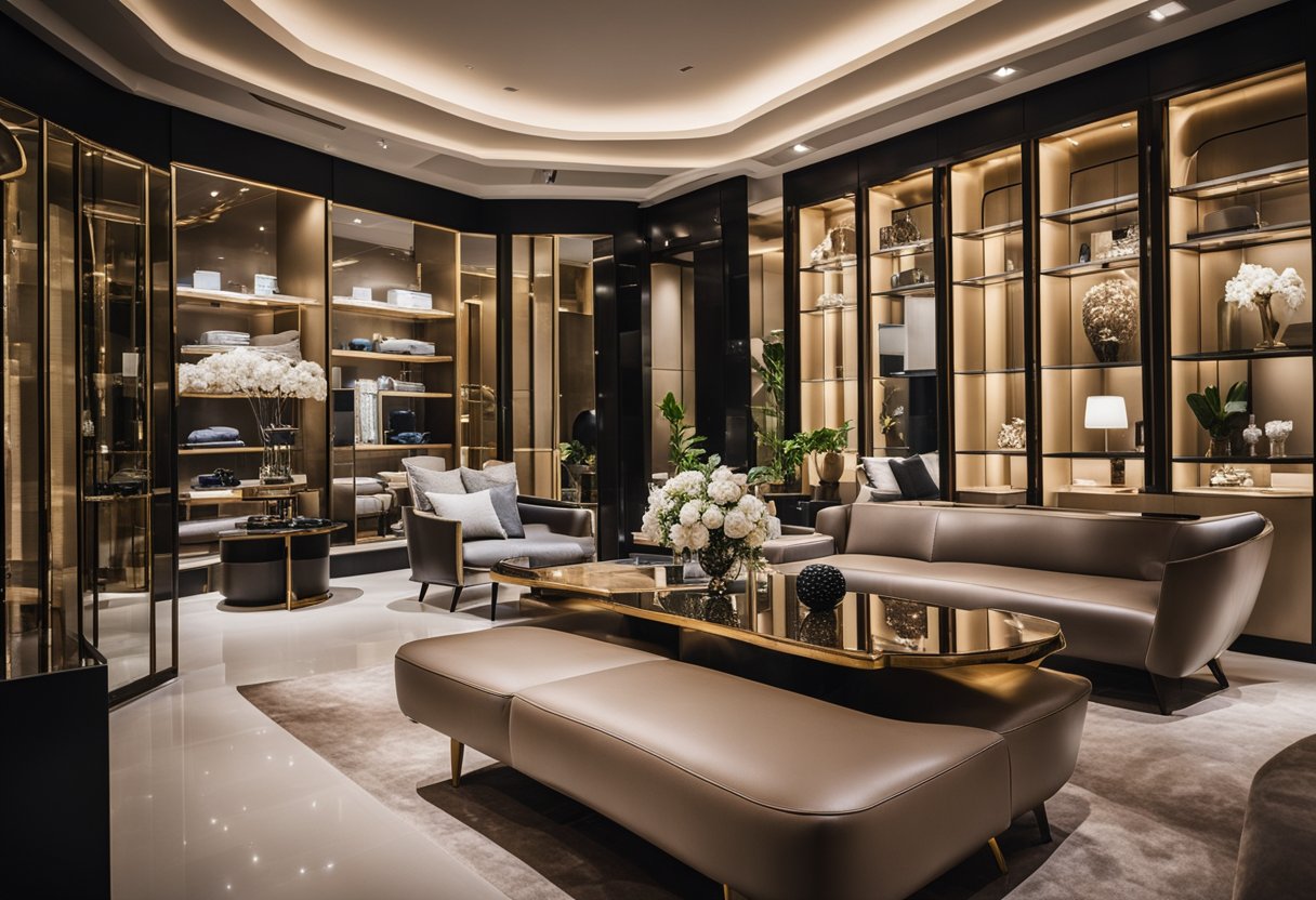 A luxurious showroom in Singapore displays couture furniture, with sleek designs and opulent materials, creating an elegant and sophisticated atmosphere