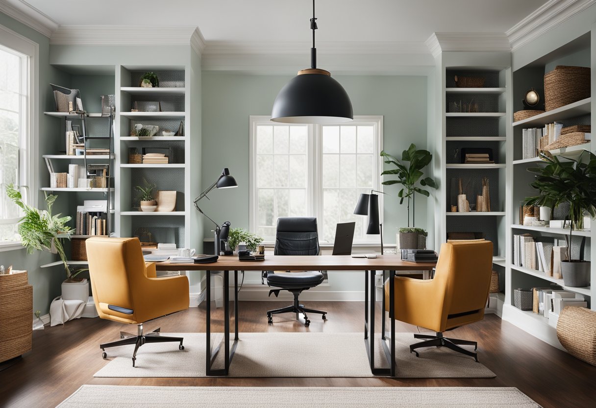 Two desks with matching chairs, organized shelves, and a cozy seating area in a bright, well-lit home office
