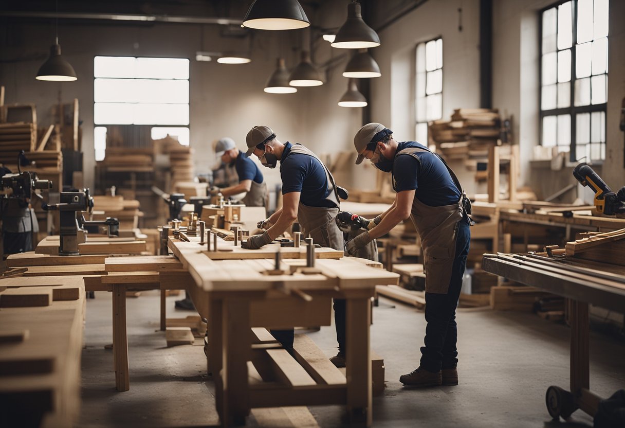 A busy workshop with workers assembling wooden furniture pieces and operating machinery. Sawdust fills the air as the sound of hammers and drills echo through the space
