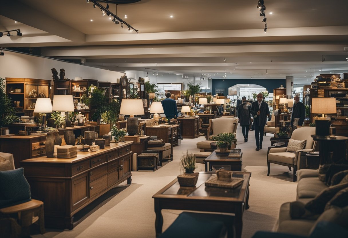 A bustling marketplace with various furniture displayed for sale, customers browsing and negotiating prices with sellers. Signs promoting pre-loved furniture deals