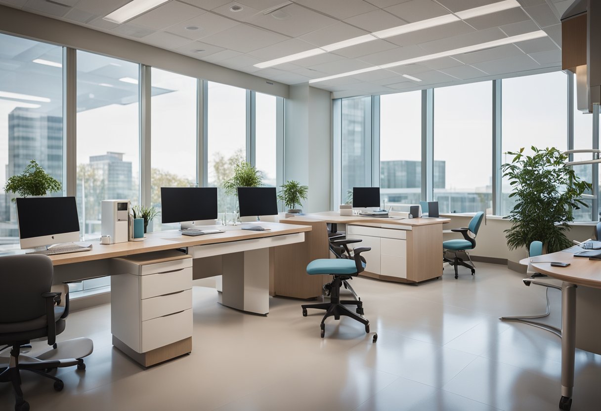 A modern medical office with natural light, ergonomic furniture, and calming color scheme. Integrated technology and privacy features for patient comfort