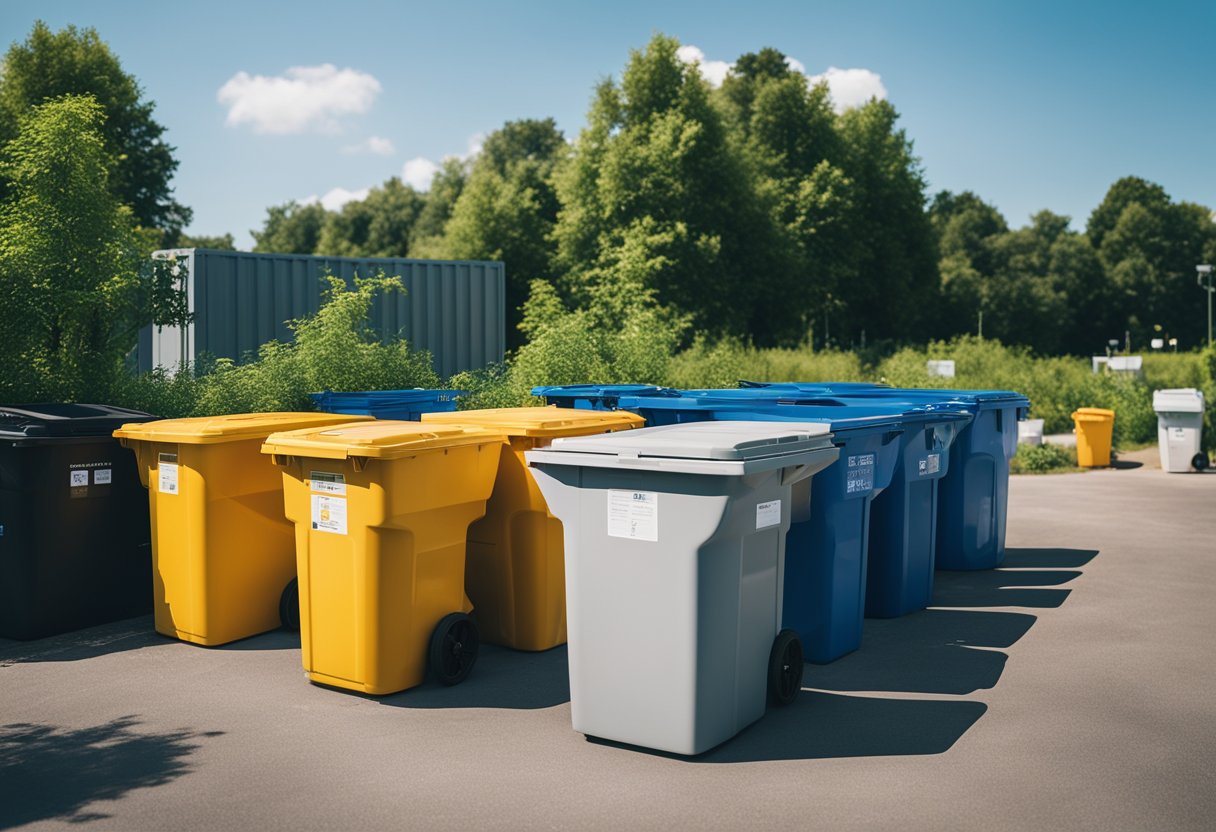 A recycling center with labeled bins for different types of furniture, surrounded by greenery and a clear blue sky