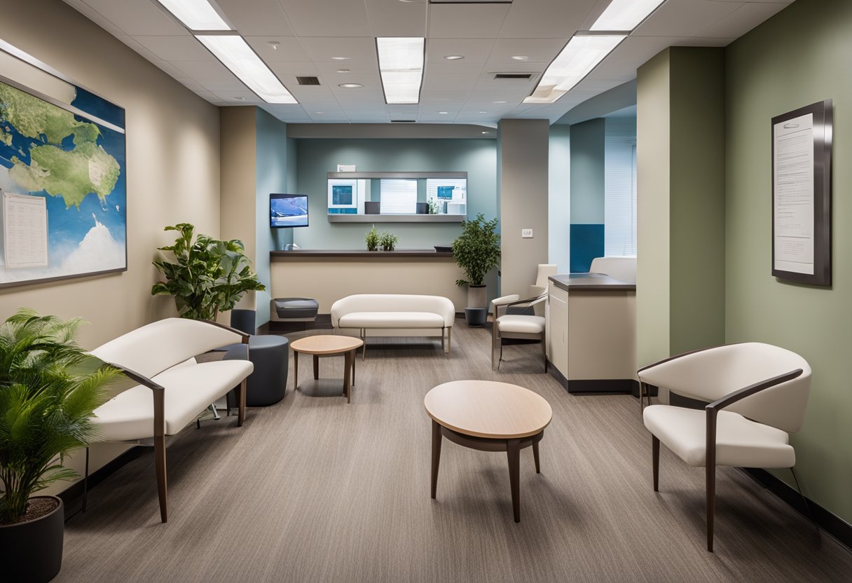 A modern medical office with spacious waiting areas, natural lighting, and comfortable seating. Innovative technology and calming decor enhance the patient experience