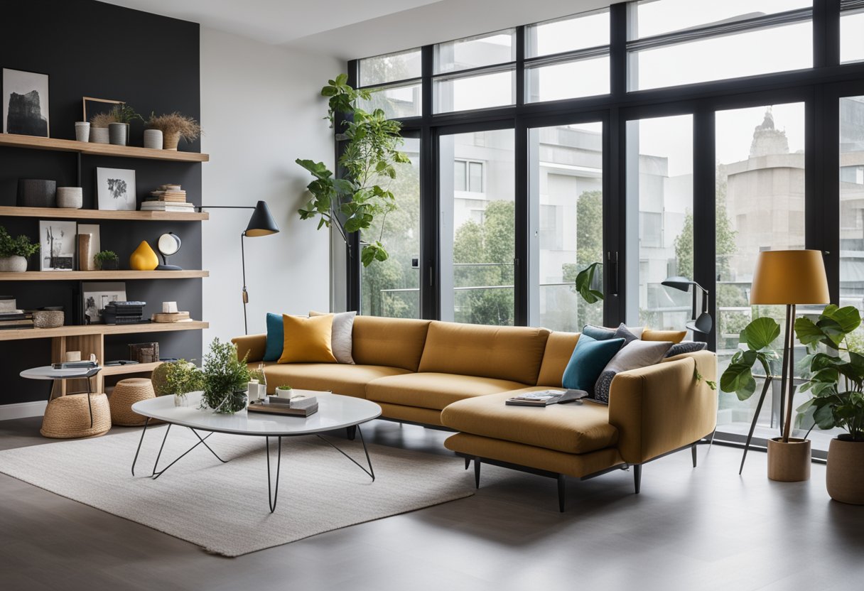A sleek, modern living room with minimalist furniture and clean lines, accented with pops of color and curated decor