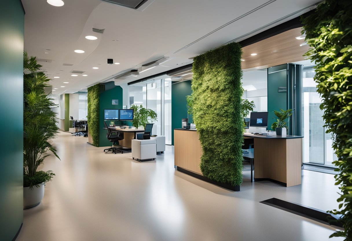A modern medical office building with green features and flexible spaces for telemedicine and collaborative work