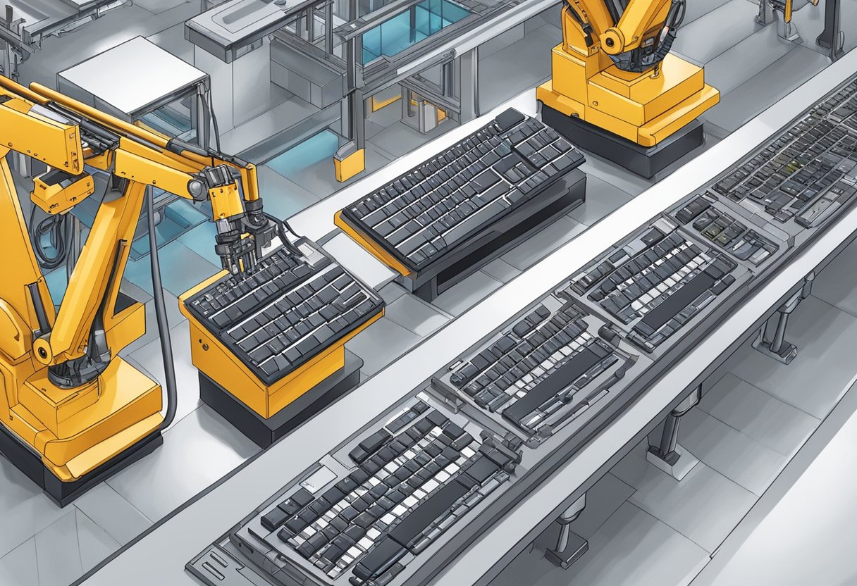 A production line of membrane keyboards being assembled with precision and speed by robotic arms in a state-of-the-art manufacturing facility