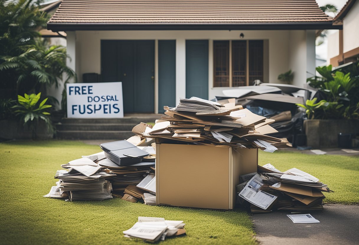 A pile of unwanted furniture sits outside a Singaporean home, with a sign reading "Free Disposal" and a stack of FAQ flyers nearby