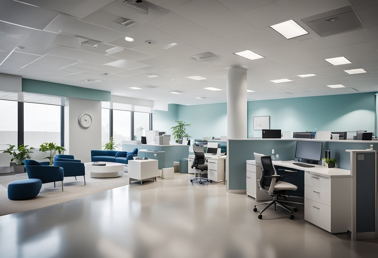 A modern medical office with open floor plan, natural lighting, and ergonomic furniture. Clean lines, calming colors, and technology integration