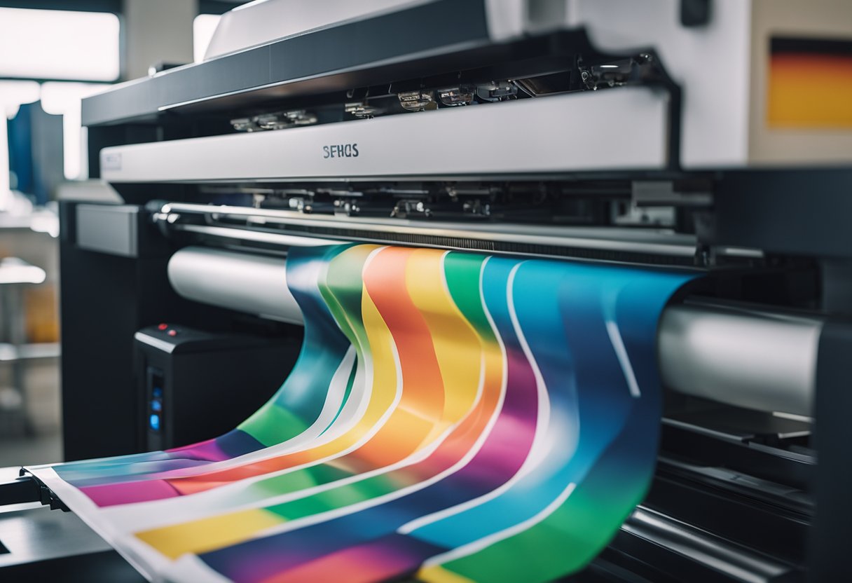 A printer printing a colorful t-shirt design with production equipment in an office setting