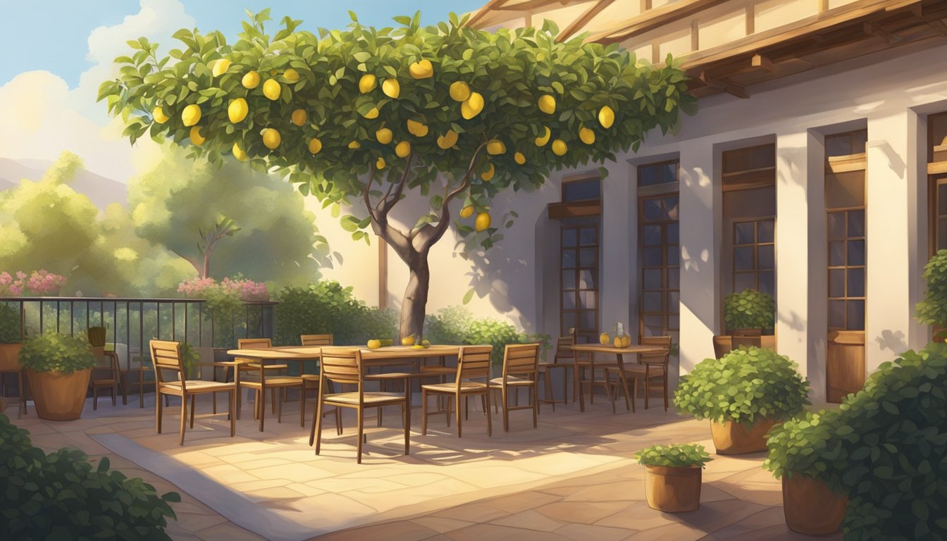A cozy outdoor patio with a lemon tree in the center, surrounded by wooden tables and chairs. The sun casts dappled shadows on the ground, and a gentle breeze rustles the leaves