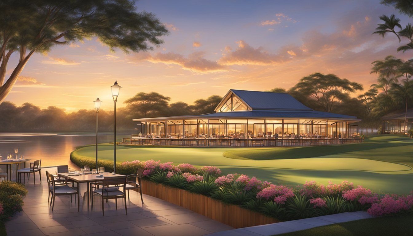 The sun sets over the tranquil Keppel Club Restaurant, casting a warm glow on the outdoor dining area and reflecting off the calm waters of the adjacent golf course