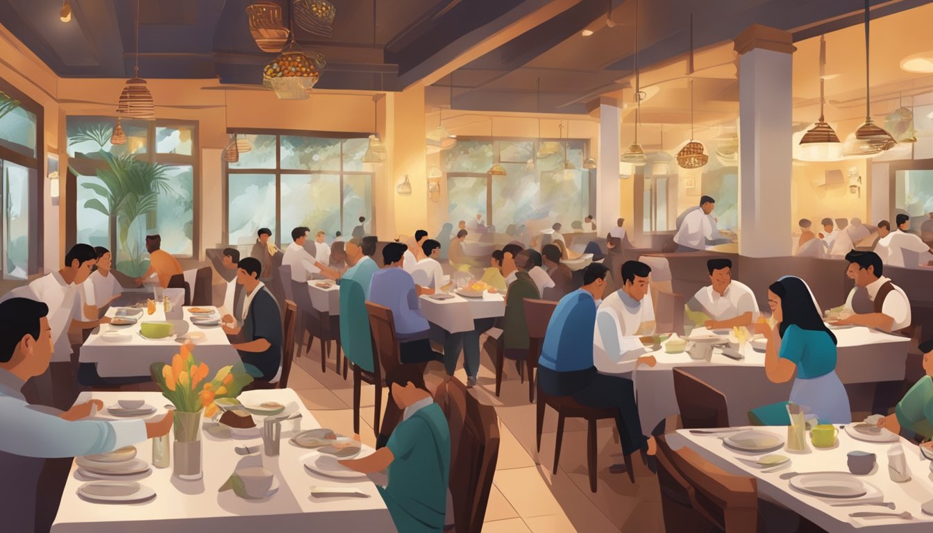 The bustling restaurant Aisyah; tables filled with diners, steam rising from plates, waiters rushing between tables, and the aroma of delicious food filling the air